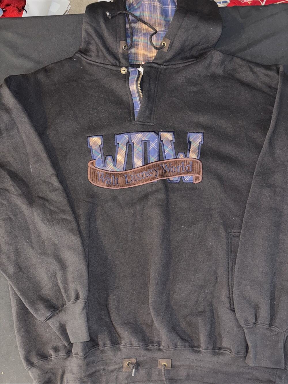 Vintage Walt Disney World Hoodie Plaid Good Embroidered Mickey Inc XL 27.5x29